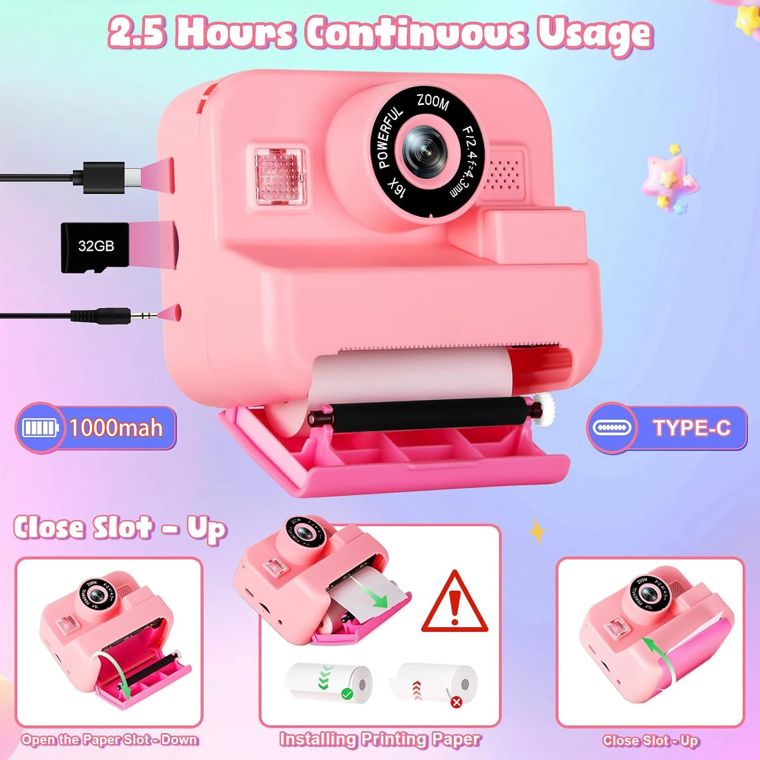 NewInstant 인쇄 카메라 32G 카드 열 사진  - Kids Toys Top View 리뷰 및 가격